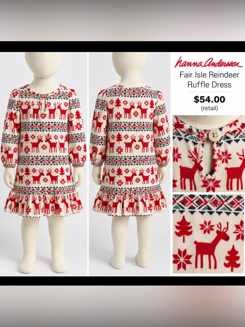 Hanna Andersson Fair Isle Reindeer Ruffle Dress, Size 8